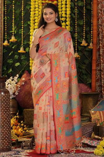 Off white color linen cotton fabric resham woven designer partywear saree