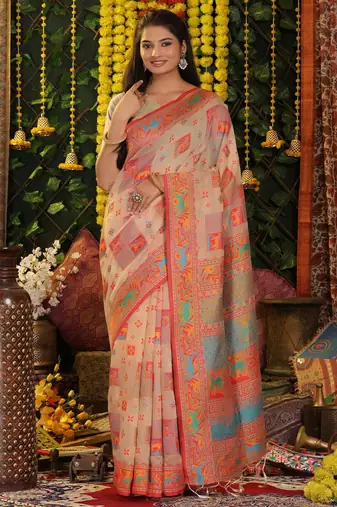 Off white color linen cotton fabric resham woven designer partywear saree