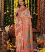 Off white color linen cotton fabric resham woven partywear saree