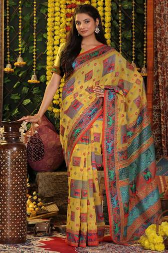 Yellow color linen cotton fabric resham woven designer partywear saree