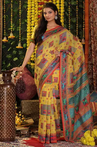 Yellow color linen cotton fabric resham woven designer partywear saree