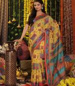 Yellow color linen cotton fabric resham woven partywear saree