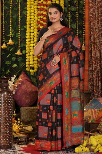 Black color linen cotton fabric resham woven designer partywear saree