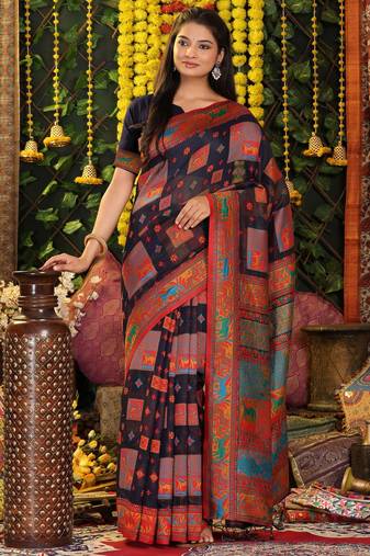 Navy blue color linen cotton fabric resham woven designer partywear saree