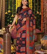 Navy blue color linen cotton fabric resham woven partywear saree