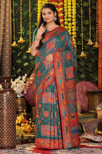 Rama green color linen cotton fabric resham woven designer partywear saree