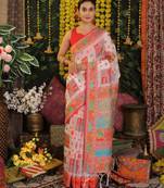 White color linen cotton fabric resham woven partywear saree