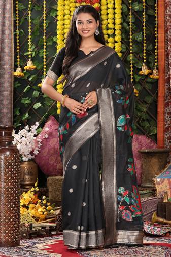 Black color linen cotton fabric beautiful woven designer partywear saree