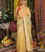 Yellow color linen cotton fabric beautiful woven partywear saree