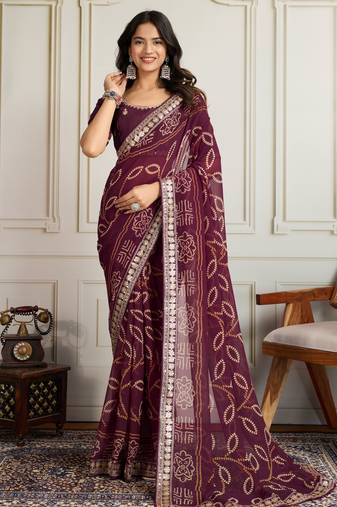 Wine color festive special georgette fabric bandhej saree for festive looks