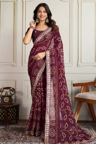 Wine color festive special georgette fabric bandhej saree for festive looks