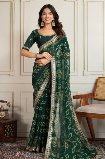 Green color festive special georgette fabric bandhej saree for festive looks