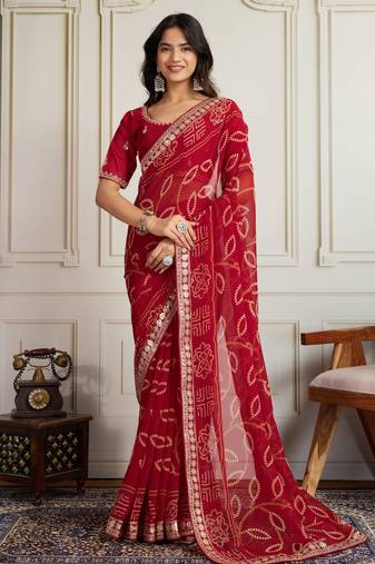 Maroon color festive special georgette fabric bandhej saree for festive looks