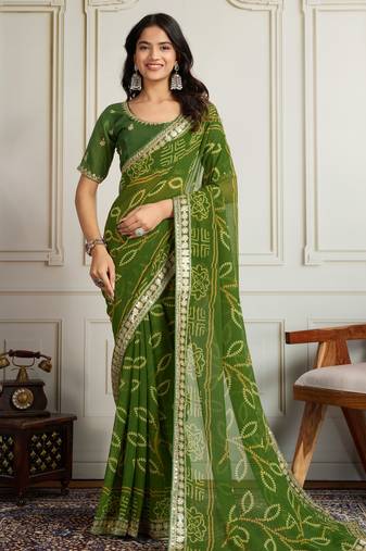 Mahendi color festive special georgette fabric bandhej saree for festive looks