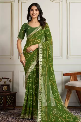 Mahendi color festive special georgette fabric bandhej saree for festive looks