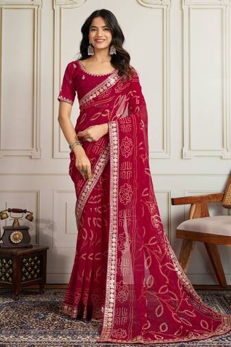Pink color festive special georgette fabric bandhej saree for festive looks
