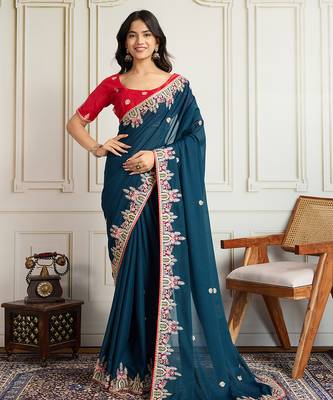 Blue star georgette embroidery work heavy ceremonial saree 1