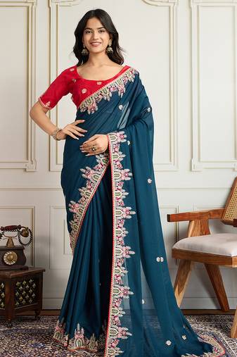 Blue color star georgette fabric designer embroidery work heavy ceremonial saree