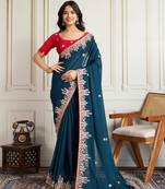 Blue color star georgette fabric embroidery work heavy ceremonial saree