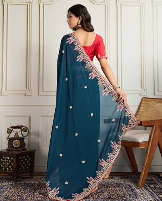 Blue star georgette embroidery work heavy ceremonial saree 2