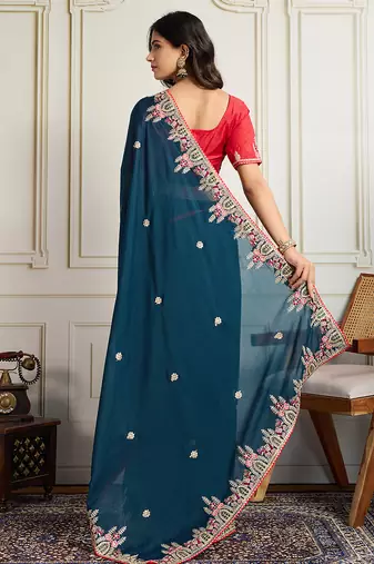 Blue star georgette embroidery work heavy ceremonial saree