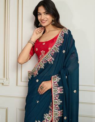 Blue star georgette embroidery work heavy ceremonial saree 3