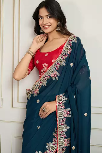 Blue star georgette embroidery work heavy ceremonial saree