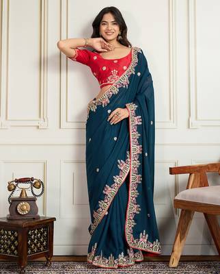 Blue star georgette embroidery work heavy ceremonial saree 4