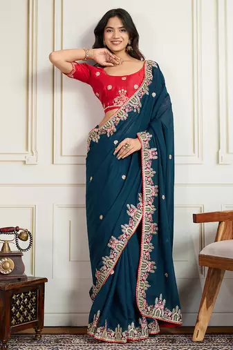 Blue star georgette embroidery work heavy ceremonial saree