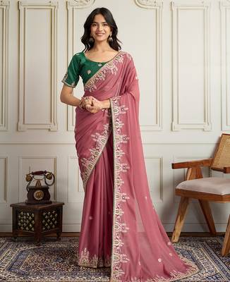 Pink star georgette embroidery work heavy ceremonial saree 1