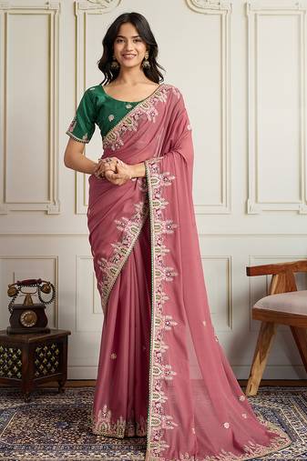 Pink color star georgette fabric designer embroidery work heavy ceremonial saree