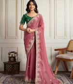 Pink color star georgette fabric embroidery work heavy ceremonial saree