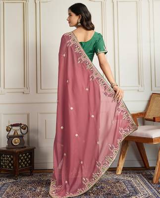 Pink star georgette embroidery work heavy ceremonial saree 2