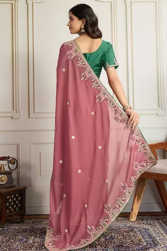 Pink star georgette embroidery work heavy ceremonial saree