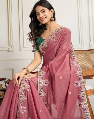 Pink star georgette embroidery work heavy ceremonial saree 3