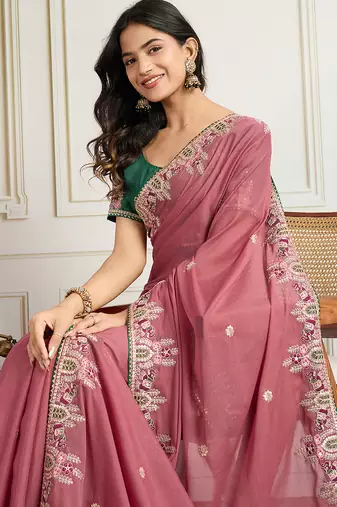 Pink star georgette embroidery work heavy ceremonial saree