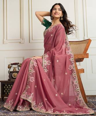 Pink star georgette embroidery work heavy ceremonial saree 4