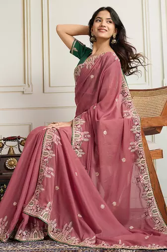 Pink star georgette embroidery work heavy ceremonial saree