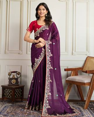Purple star georgette embroidery work heavy ceremonial saree 1