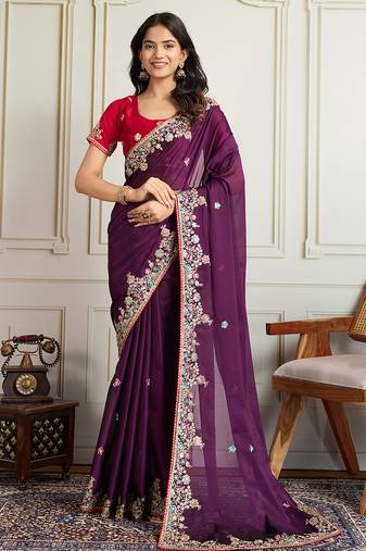 Purple color star georgette fabric designer embroidery work heavy ceremonial saree