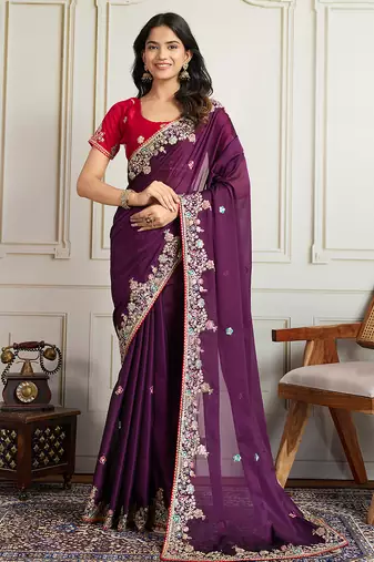 Purple color star georgette fabric designer embroidery work heavy ceremonial saree