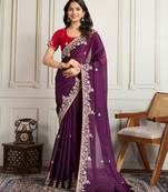 Purple color star georgette fabric embroidery work heavy ceremonial saree