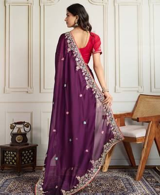 Purple star georgette embroidery work heavy ceremonial saree 2