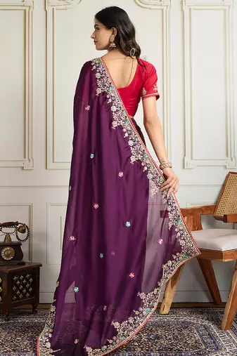Purple star georgette embroidery work heavy ceremonial saree