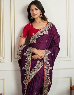 Purple star georgette embroidery work heavy ceremonial saree 3