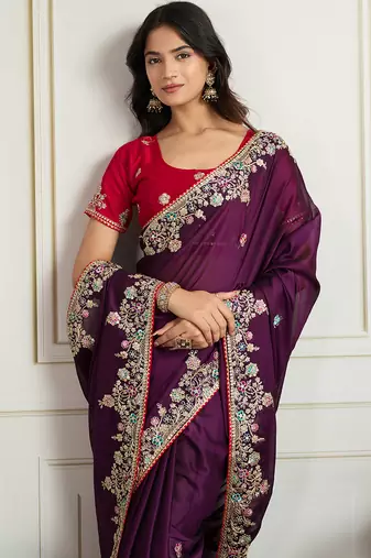 Purple star georgette embroidery work heavy ceremonial saree