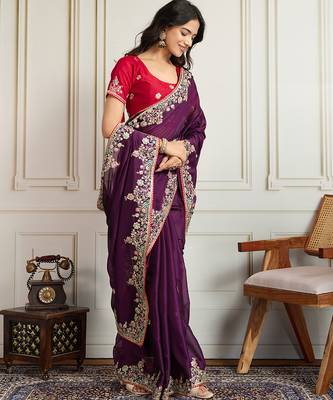 Purple star georgette embroidery work heavy ceremonial saree 4
