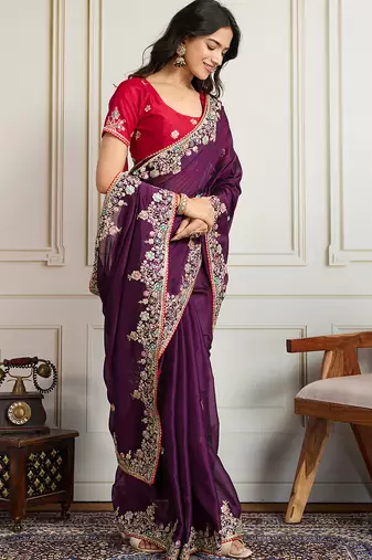 Purple star georgette embroidery work heavy ceremonial saree