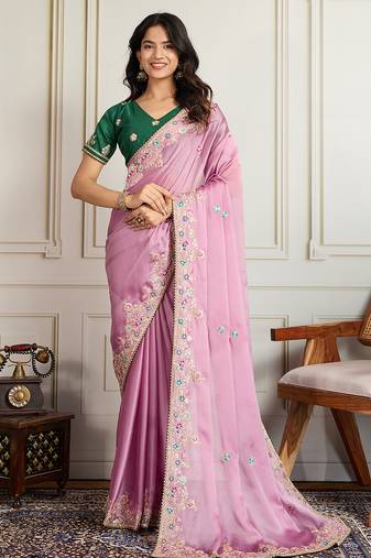 Pink color star georgette fabric designer embroidery work heavy ceremonial saree