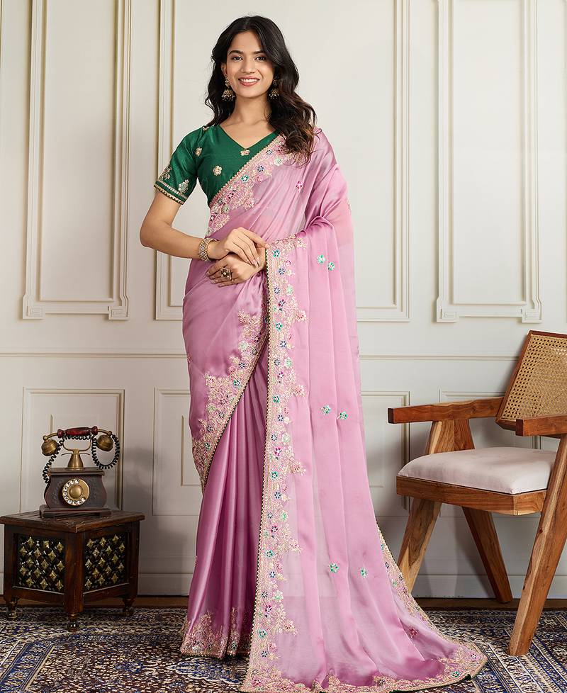 Pink color star georgette fabric designer embroidery work heavy ceremonial saree